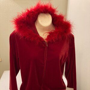 Ivory red velour caribou hoodie with 3/4 sleeves